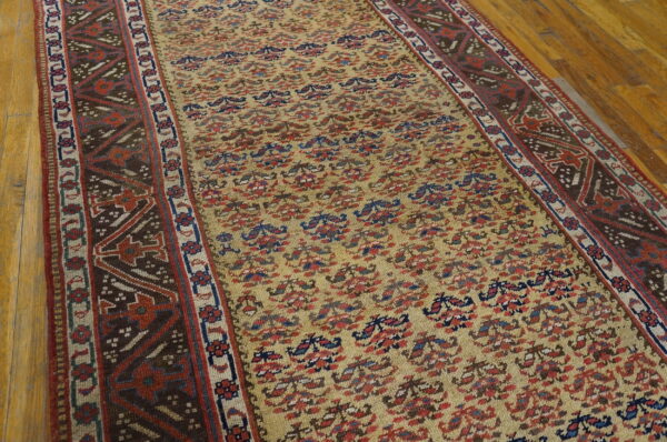 Tan runner rug with red and blue low-pile motifs, featuring wide dark borders on light wood floor.