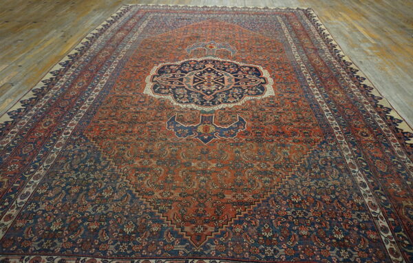 Rust and navy blue medallion rug with intricate patterns displayed on rustic hardwood floor.