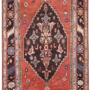 Terracotta and dark brown rug featuring a geometric medallion, stylized animal figures, and patterned borders.
