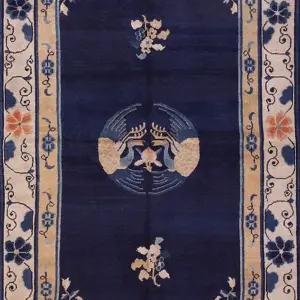 Antique Blue Chinese Floral Bird Design Medallion Small Wool Pile Peking Rug by Rugs On Net