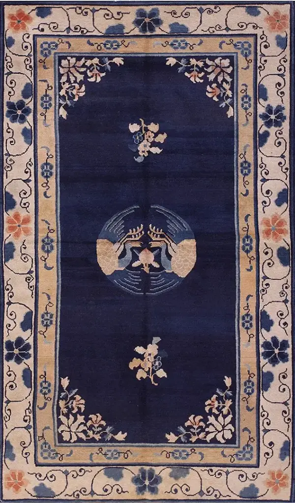 Antique blue chinese floral bird design medallion small wool pile peking rug by rugs on net