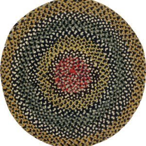 Circular braided rug featuring thick multicolor concentric rings in red, gold, navy, teal, and cream.
