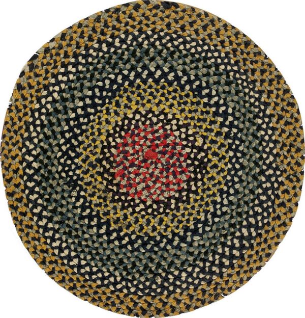 Circular braided rug featuring thick multicolor concentric rings in red, gold, navy, teal, and cream.