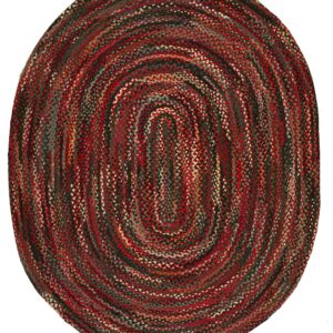 Circular braided rug with an oval coiled design featuring mixed tones of red, black, and gray woven strips.