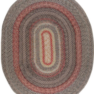Oval braided rug featuring concentric rings of gray, brown, red, tan, and dark gray colors.