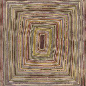 Multicolored low-pile rug featuring a concentric rectangular pattern made of narrow strips.