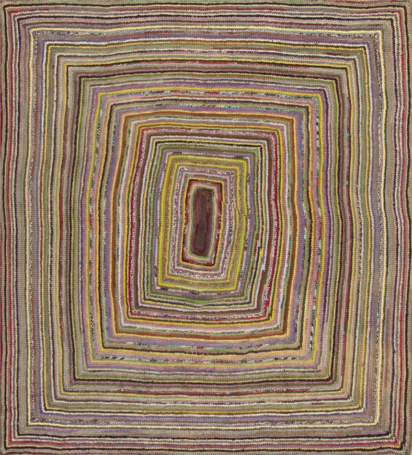 Multicolored low-pile rug featuring a concentric rectangular pattern made of narrow strips.