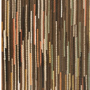Braided brown rug featuring vertical stripes in cream, rust, olive green, and dark brown.
