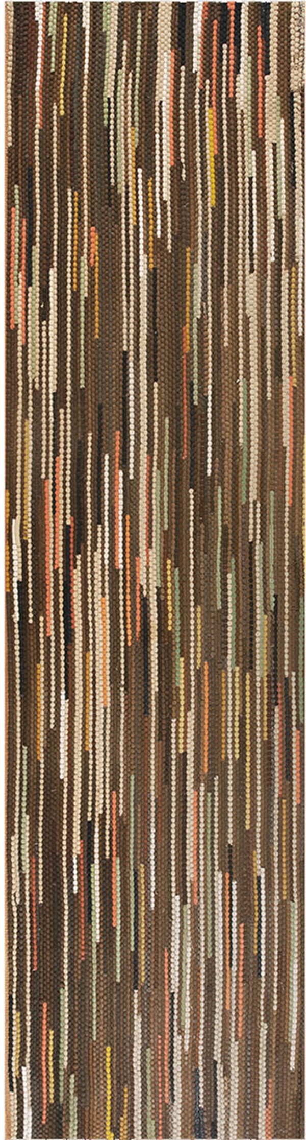 Braided brown rug featuring vertical stripes in cream, rust, olive green, and dark brown.