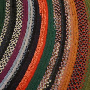 Close-up of a circular, thick braided rug with many concentric multicolored bands on hardwood floor.