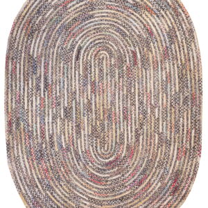 Oval braided rug with concentric rings of speckled dark and light multicolor yarns.