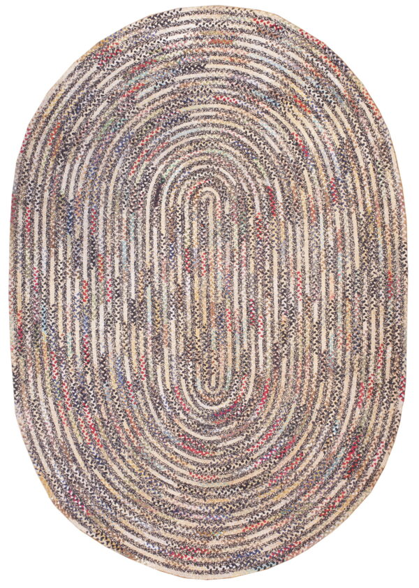 Oval braided rug with concentric rings of speckled dark and light multicolor yarns.