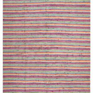 Low-pile flatwoven rug with narrow horizontal stripes of magenta, teal, orange, purple, and yellow.
