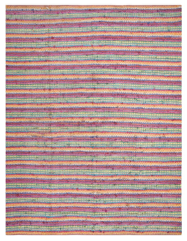 Low-pile flatwoven rug with narrow horizontal stripes of magenta, teal, orange, purple, and yellow.
