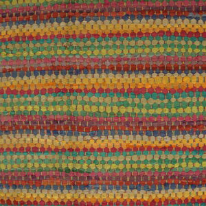 A vibrant, highly textured woven rug featuring horizontal stripes in bright multi-colors on wood flooring.