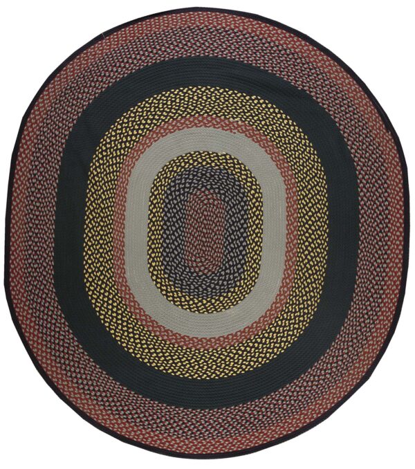 Round braided rug featuring concentric color bands in mixed dark red, gray, gold, and deep green.