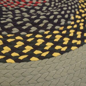 Detail shot of a circular braided rug in rings of sage, yellow, black, and light gray colors.