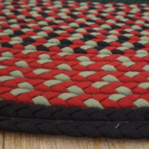 Braided rug featuring rows of red, sage green, and black stitches, resting on light wood floorboards.