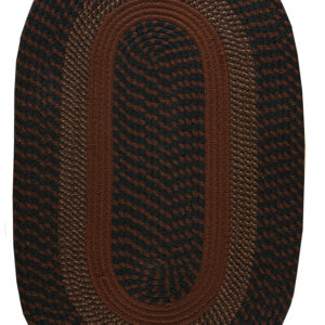 Oval braided rug in bands of solid reddish-brown and alternating dark brown stripes.