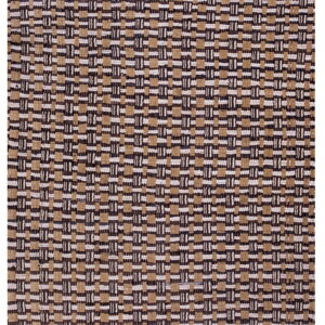 Chunky flatweave rug in tan, dark brown, and white with an abstract woven grid pattern.