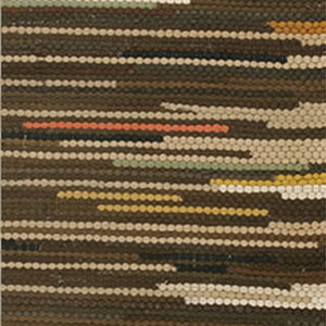 Dark brown rug with a textured weave featuring intermittent horizontal stripes of cream, sage, yellow, and orange.
