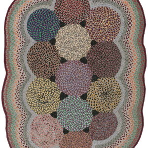 Oval braided rug made of multicolored joined circular patches surrounded by variegated gray and green rings.