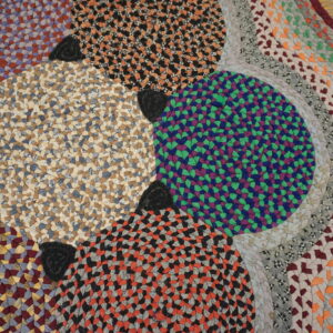 A close-up view of a multi-colored round braided rug with concentric rings and large central circles on a wood floor.