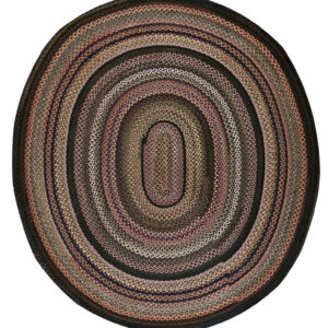 Oval braided rug with concentric rings in variegated shades of brown, black, rose, and gray.