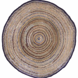 Round braided rug with concentric rings of beige, brown, and blue, bordered by dark purple.