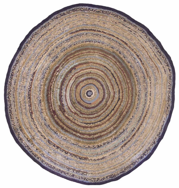 Round braided rug with concentric rings of beige, brown, and blue, bordered by dark purple.
