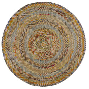 Circular braided rug featuring tightly woven concentric rings in blue, beige, orange, and mixed colors.