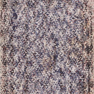 A braided oval runner rug in mottled shades of blue, gray, white, and red.