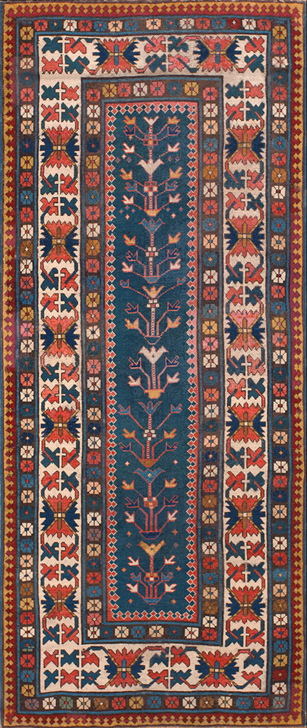 Antique tribal late 19th century blue caucasian kazak rug