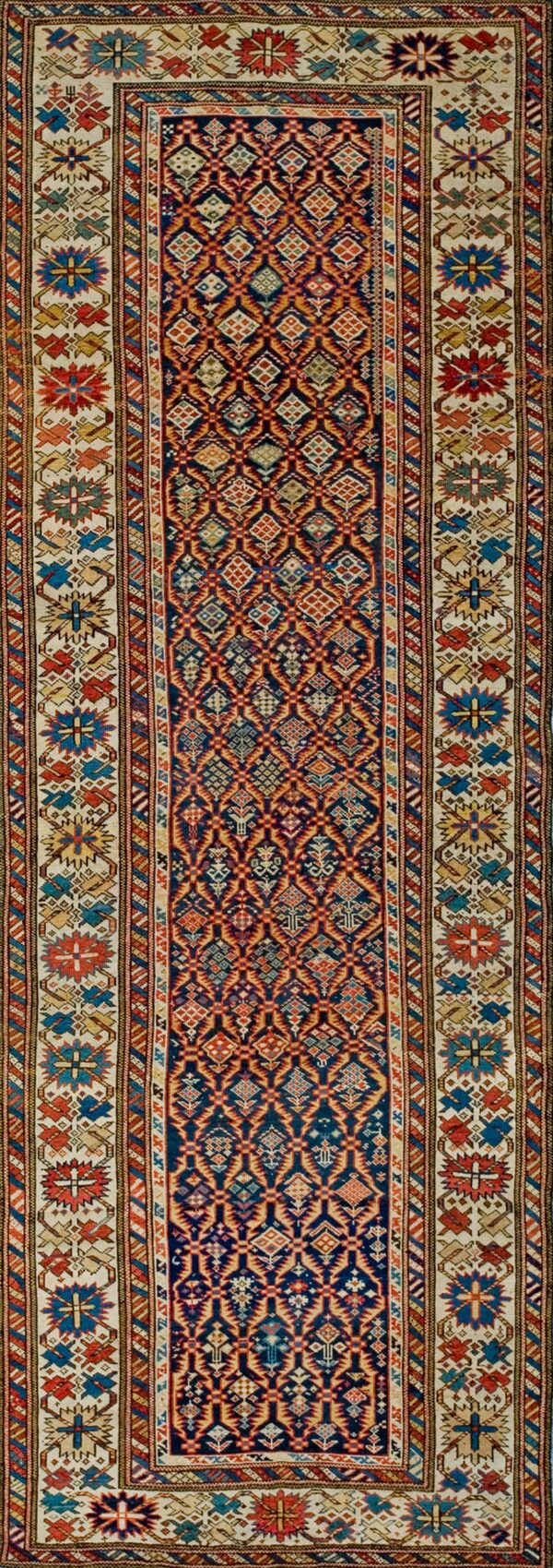 Rustic tribal geometric antique blue caucasian shirvan rug