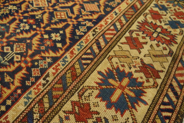 Rustic tribal geometric antique blue caucasian shirvan rug - image 4