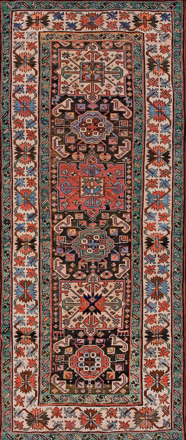 Beautiful tribal design late 19th century antique caucasian kazak runner rug