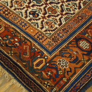 Geometric rug corner featuring rust, navy, and cream patterns with fringe visible on hardwood floor.
