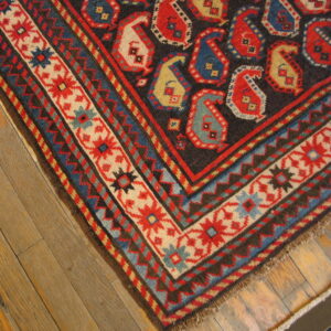 Detail of a low-pile rug showing red, blue, and gold paisley motifs and a complex geometric border on wood flooring.