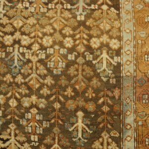 A close view of a rust, cream, and teal patterned rug on a dark brown field next to a striped border.