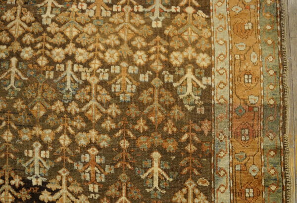 A close view of a rust, cream, and teal patterned rug on a dark brown field next to a striped border.