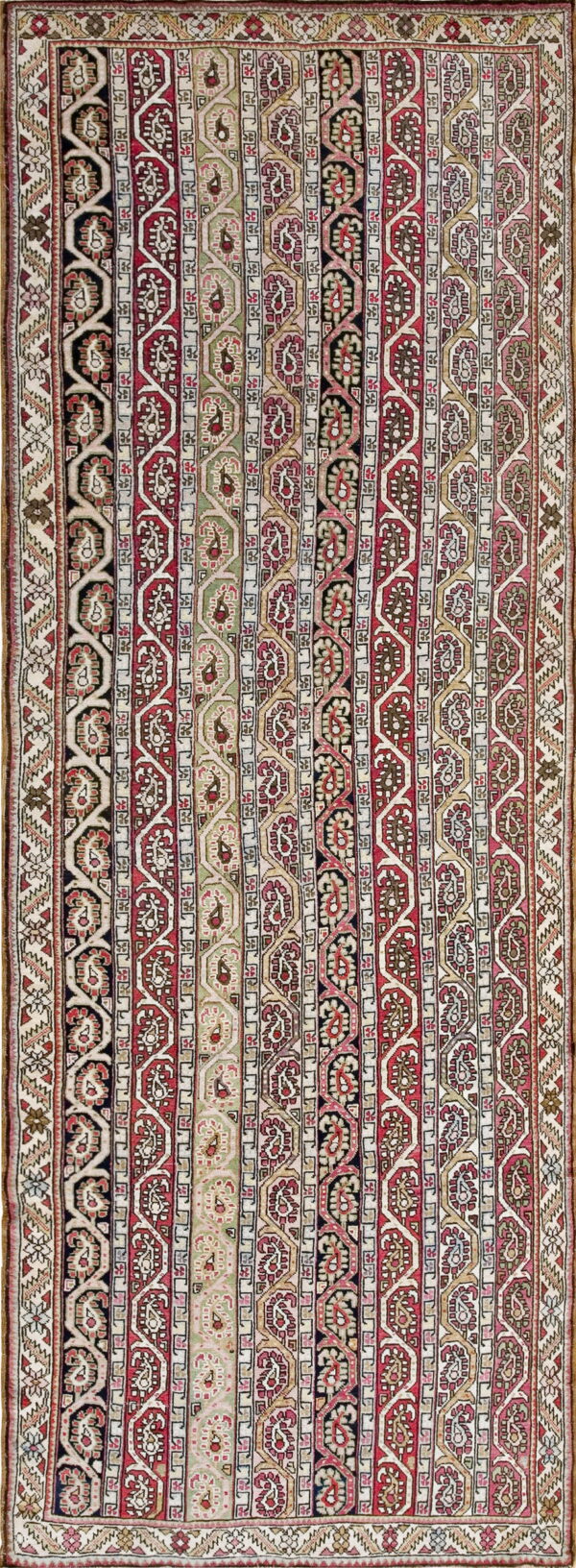 Vertical striped rug featuring repeating boteh motifs in red, black, sage, beige, and cream colors.