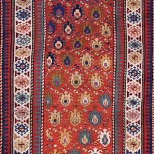 Antique Caucasian Allover Geometric Wool Hand Knotted Pile Coral / Salmon Pink 1880s Rug