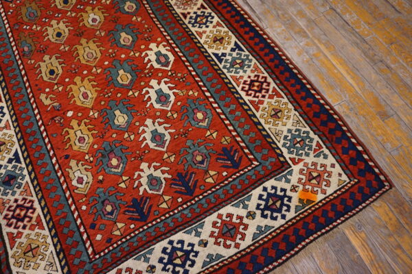 Antique caucasian allover geometric wool hand knotted pile coral / salmon pink 1880s rug - image 3