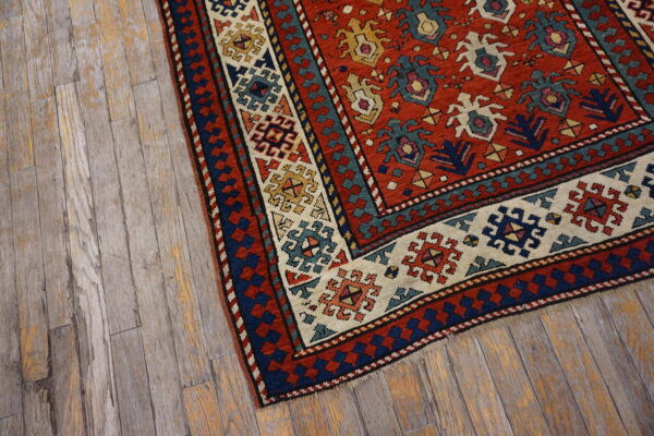 Antique caucasian allover geometric wool hand knotted pile coral / salmon pink 1880s rug - image 4