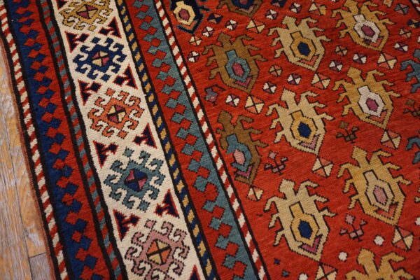 Antique caucasian allover geometric wool hand knotted pile coral / salmon pink 1880s rug - image 6