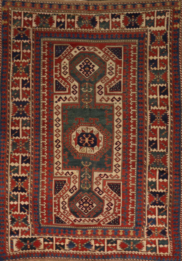 Late 19th century tribal geometric antique key hole design caucasian kazak rug