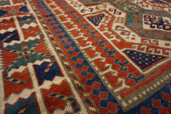 Late 19th century tribal geometric antique key hole design caucasian kazak rug - image 5