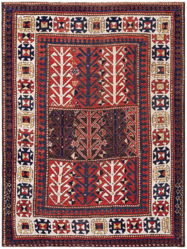 Red, blue, and cream tribal rug with stacked panels featuring stylized tree motifs.