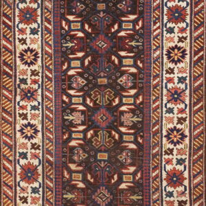 A vertical runner rug with a dark brown geometric field and a wide cream border featuring colorful star motifs.