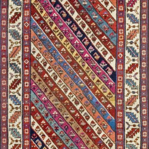 Vibrant, multicolored runner rug featuring diagonal stripes filled with geometric patterns and thick, patterned cream borders.